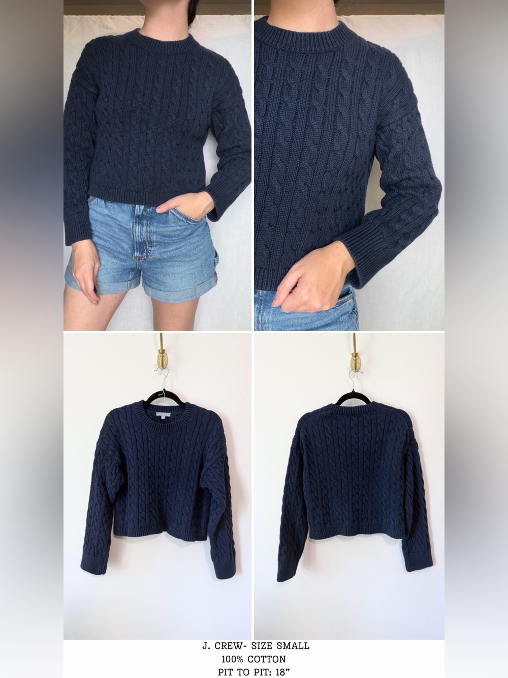 J Crew cropped cable knit navy blue sweater fishermancore size S 100% cotton - Picture 4 of 4